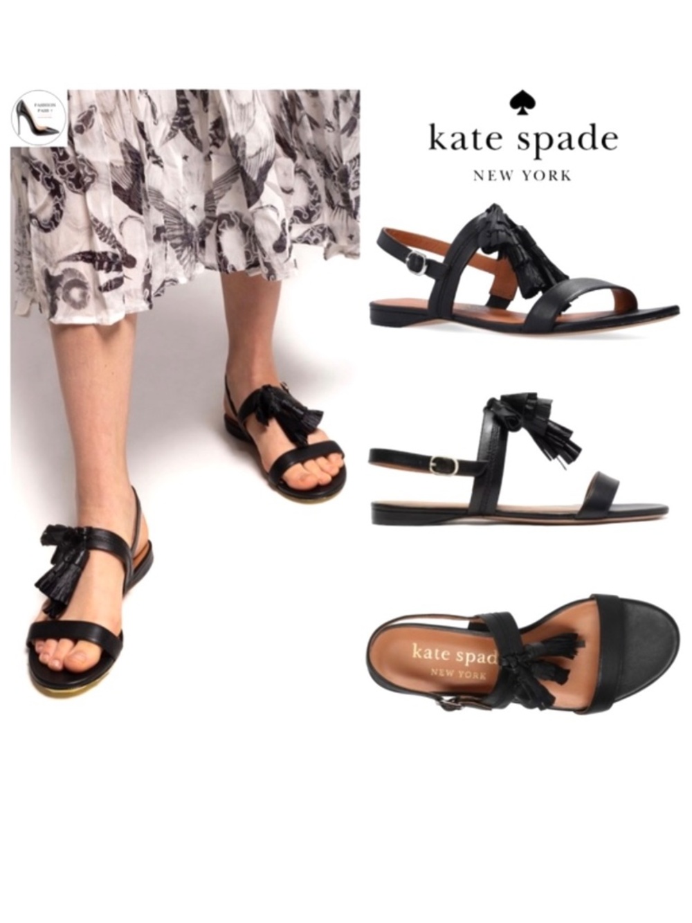 KATE SPADE NEW YORK LA DANSE Black Leather Tassel Flat Ankle Strap Sandals 6.5